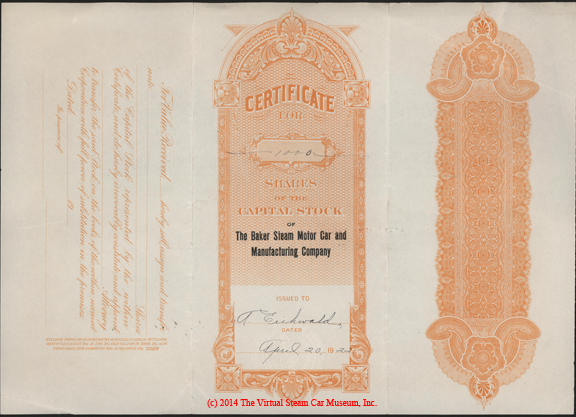 Baker Steam Motor Car and Manufacturing Company, April 20, 1922, 1000 Shares Stock Certificate A. Eichwald Reverse